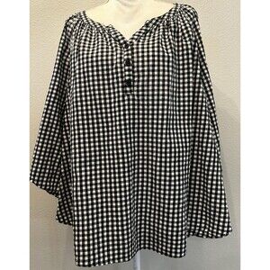 Catherines Black & White Gingham Plaid Split Neck Peasant Top Plus Size 3X 26-28